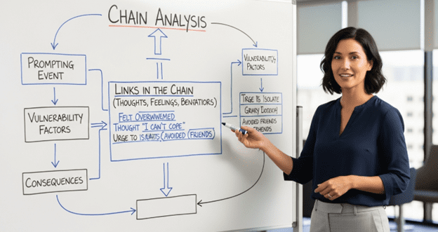 DBT chain analysis example flowchart showing vulnerability, trigger, thoughts, emotions, and behavior sequence. DBT chain analysis example flowchart showing vulnerability, trigger, thoughts, emotions, and behavior sequence.