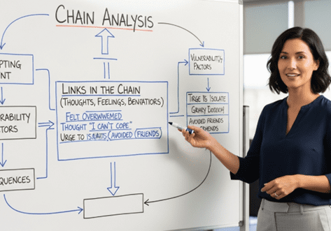 DBT chain analysis example flowchart showing vulnerability, trigger, thoughts, emotions, and behavior sequence. DBT chain analysis example flowchart showing vulnerability, trigger, thoughts, emotions, and behavior sequence.